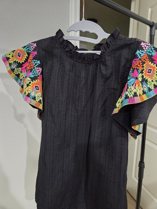 THML Tops - THML Black Colorful Embroidered Blouse Flutter Sleeve Small